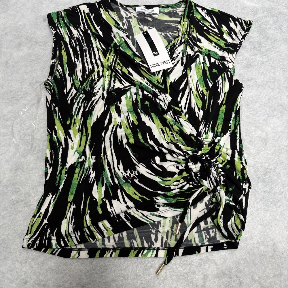 Nine West Black White Green Abstract Sleeveless Wrap Top